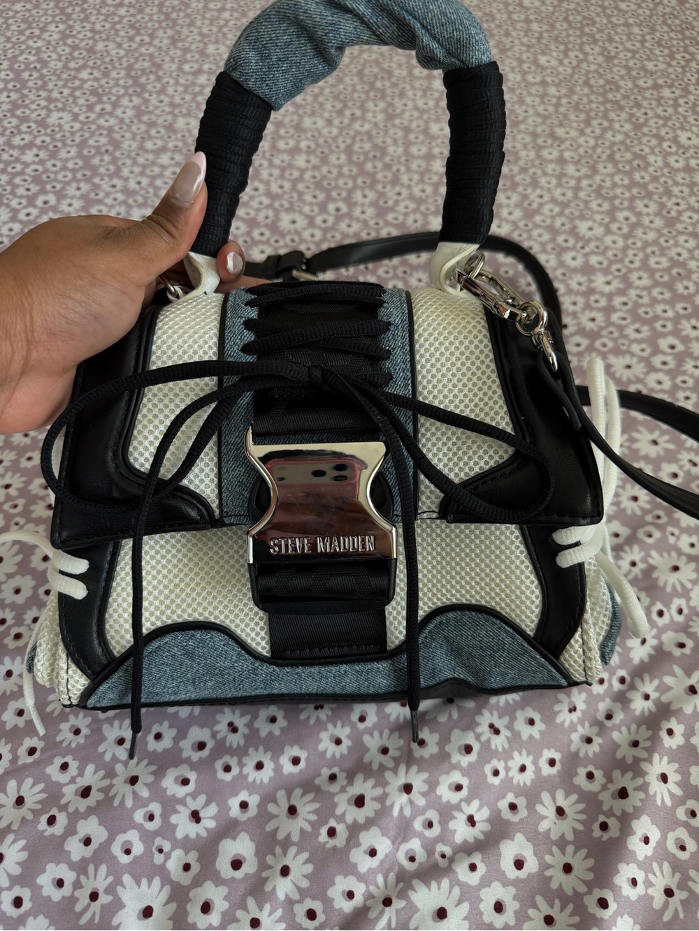 Steve Madden Black, White & Denim Mesh Top-Handle Satchel